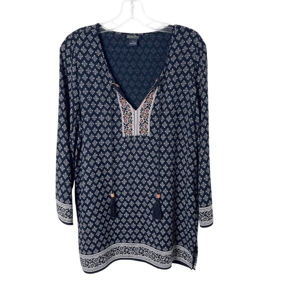 Lucky Brand Women's Peasant Top S Navy Blue Boho Print Split Neck 3/4 Sleeve - Picture 1 of 10